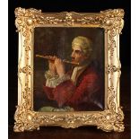 A Small Oil on Canvas; Half length Portrait of an 18th Century Flutist dressed in powdered wig,