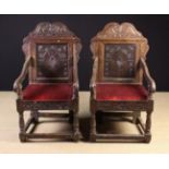 A Similar Pair of 17th Century Style Carved Oak Wainscot Chairs with upholstered seats,