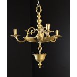 A Small & Unusual Bronze Hanging Lamp with three scrolling candle arms slotting into a discoid