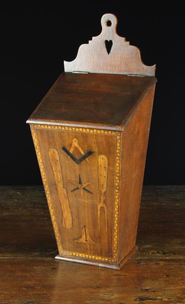 An 18th/Early 19th Century Boarded Mahogany Candle-box inlaid with Masonic emblems and a knife &