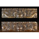 A Fine Pair of 17th Century Carved Oak Drawer Fronts dated 1675 in cabochon plaques surmounted by