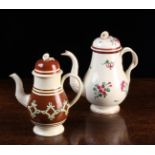 Two 18th Century Creamware Coffee Pots with baluster bodies and domed lids surmounted by floral