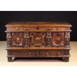 A Large & Impressive 17th Century Oak Mule Chest with decorative mouldings.