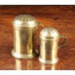 Two 18th Century Sheet Brass Muffineers with pierced dome lids, strap handles; one stamped R.