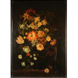 A Large 19th Century Unframed Oil on Canvas; Still Life with flowers on a dark back ground,