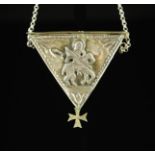 A Triangular Silver Metal Reliquary Pendant on Chain.