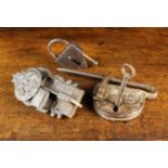 Three Antique Iron Locks including a 17th/18th century bar lock with key, 9¼" (23.