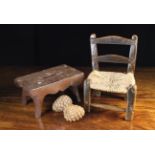 A Small 19th Century Child's Provincial Rush Seat Chair and a boarded oak stool with pierced hand