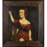 A 19th Century Naive Folk Art Painting on pine planked panel: Portrait of a girl with spaniel,