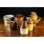 A Group of Salt Glazed Stoneware Kitchen Pots: Two lidded storage jars with cup handles,