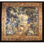 A Good Early 18th Century Flemish Tapestry depicting a gathering of travellers in woodland