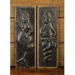 Two 17th Century Oak Panels naively carved in relief with mermaids, 16" x 5½" (66 cm x 14 cm).