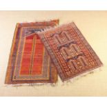 Two Belouche Prayer Rugs, woven predominantly in claret, blue and orange wools,