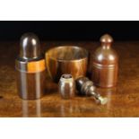 Four Pieces of Treen: A 19th Century Turned Lignum Apothecary Bottle Case with screw on lid 4¾" (12