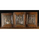 A Set of Three Fine 16th Century Carved Oak Panels with allegories from Life of Christ in moulded