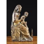 A 16th Century Oak Fragment Carving of Virgin & Child in high relief with residual gilding and rich