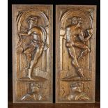 A Pair of 16th Century Carved Oak Panels depicting male athletes stood within arched niches upon