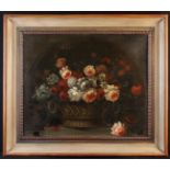 An Antique Oil on Canvas; Still Life depicting basket cascading flowers within an arch,