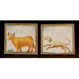 Two Late 18th/ Early 19th Century Delft Tiles painted in polychrome glaze with a cow to one and