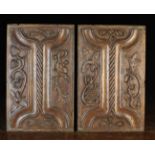 A Pair of Fine 16th Century Carved Oak Parchemin Panels centred by a rope twist cord with looped