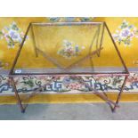 A French square glass coffee table with a bamboo effect frame, rubbed enamel with some red tones -