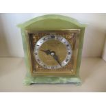 A green onyx Elliott mantle clock retailed by Garrard & co, 16cm tall, in clean working order