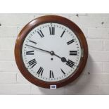 A mahogany fusee driven wall clock, with a 12 inch painted dial, missing bezel and glass, but