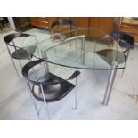 An Italian tear drop glass table with sliding adjustable top, and four chrome leather seated ARPER