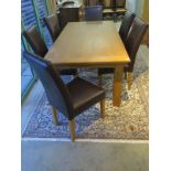 A modern oak dining table with six brown leather dining chairs, table is 77cm H x 200cm x 100cm,