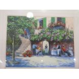 Anthony Orme pastel of a Continental cafe scene, size 64cm x 48cm - overall 95cm x 80cm - glass