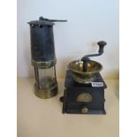 A WM bullock and Co coffee grinder, brass and cast iron with wooden handle, approx 14cm square,