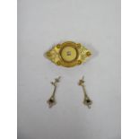 A Pair of 9ct gold sapphire and diamond earrings, 1.3 grams, together with a gilt metal brooch inset