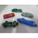 Three Dinky sport racing cars, Sunbeam Alpine, Bristol 450, Vanwal 239 and two Corgis, Proteus and