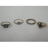 Three 9ct gold rings and a silver and gold ring, total weight approx 7 grams, general wear, some