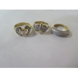 Three 14ct yellow gold cress rings, sizes O, P, Q, total weight approx 15 grams, all generally good,