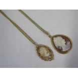 Two 9ct gold mounted Cameo pendants on 9ct chains, both pendants approx 3cm tall, total weight