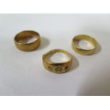 Two 18ct yellow gold rings, approx 8 grams, and a 22ct yellow gold band ring, size M, approx 3.9