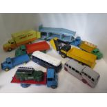 Six Dinky toy lorries, a Pullmore transporter observation coach and BOAC coach and a telephone