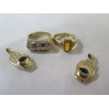 Two 14ct yellow gold dress rings and two 14ct pendants, two stones missing to one ring, some