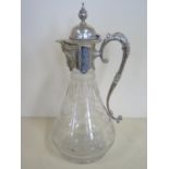 An etched glass claret jug with plated top, 30cm tall, in clean condition