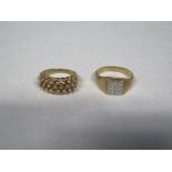 Two 9ct gold rings, approx 10.3 grams overall, sizes V and P, see images for details, both with some