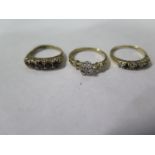 Three 9ct gold rings, sizes J, G, K - roral weight approx 4.9 grams, general usage marks to all