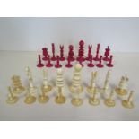 A late 19th early 20th Century ivory chess set, tallest piece 8cm, chips and damage to twelve