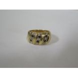 A 14ct gold diamond and sapphire ring, approx 6.8 grams, size P, some wear consistent with regular