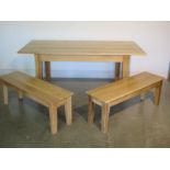 A new oak dining table and two benches made by a local craftsman to a high standard, table H75cm x