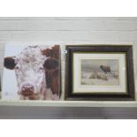 A lithograph of sheep from a Cooper painting, frame size 43cm x 52cm - and a print on canvas of a