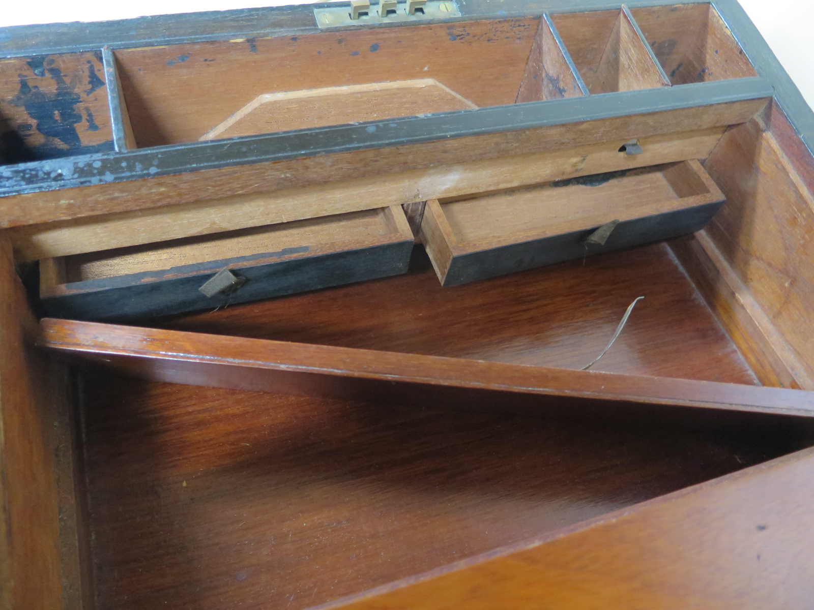 A 19th Century walnut writing slope with brass fittings , with secret compartment containing two - Image 2 of 5