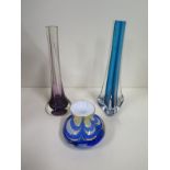 A small Kings Lynn glass vase, approx 7.5cm high, and two other coloured glass vases, in good