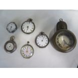 Four silver pocket watches, a silver wristwatch and an Ingersoll watch, all not working