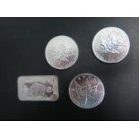 Three fine silver Canadian Dollars, all 2013 and fine silver bullion American one troy oz ingot -